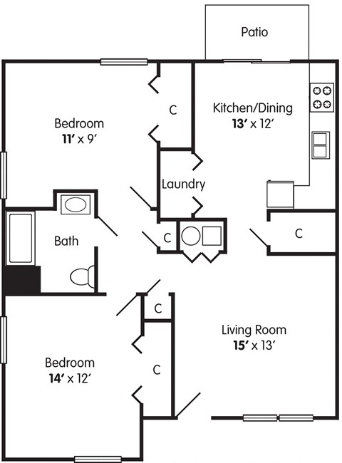 2 bedroom ADA apartment floorplan Briarwood Lafayette